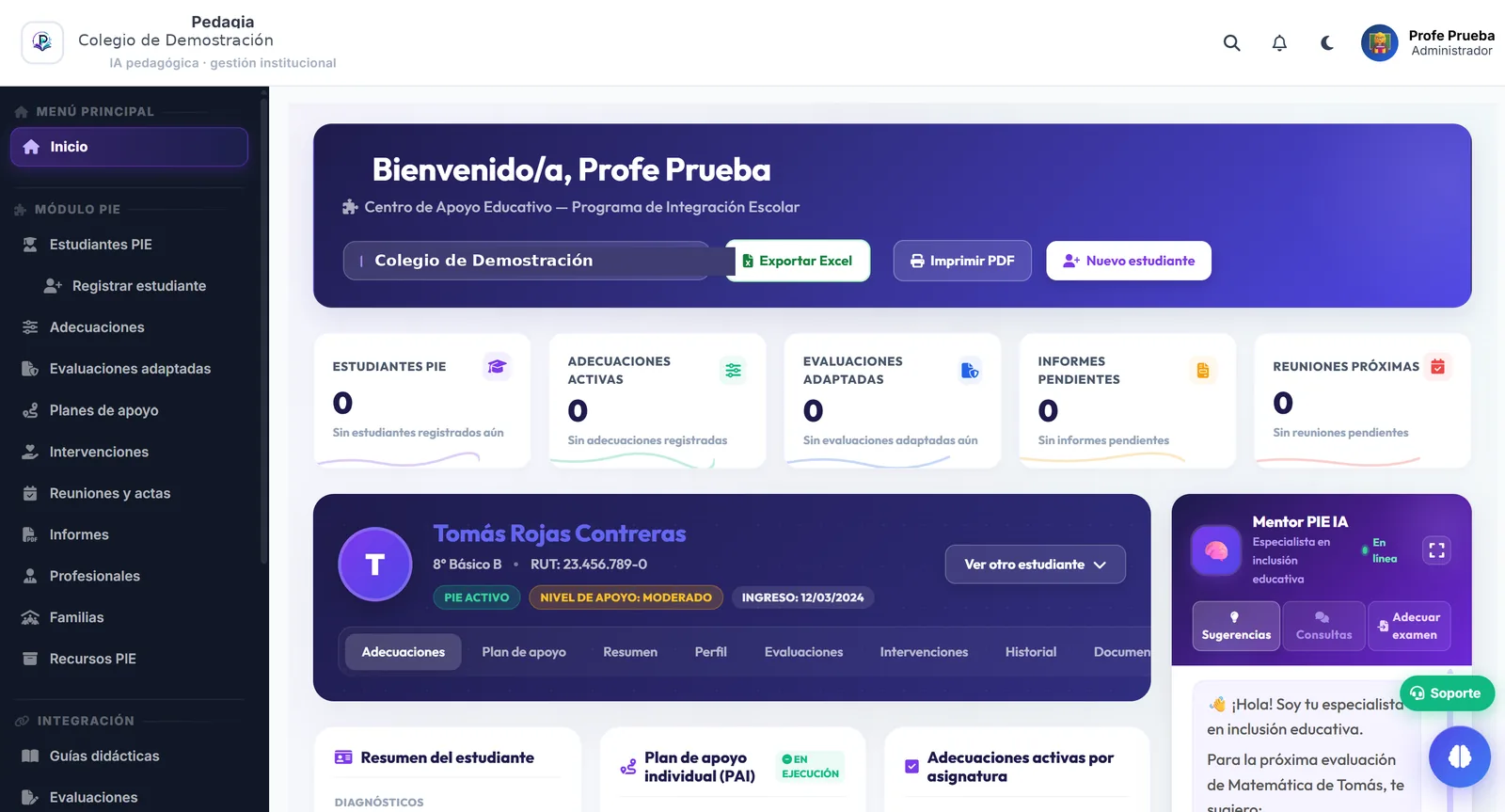Panel PIE (Programa de Integración Escolar) anonimizado de Pedagia